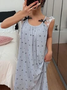 SHEIN Holidayseason 對比色蕾絲飾邊拼接蝴蝶結印花女款睡裙睡衣長裙 女用睡裙睡衣女裝 - 灰色 - 查看 5