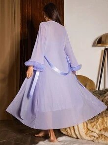 SHEIN 2件套：鱼骨花边吊带睡袍+花朵花边宽袖网眼睡袍 - 淡紫色 - 查看 2