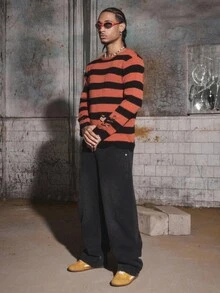 PAVTROS Manfinity Streetrush 男式条纹做旧圆领宽松休闲毛衣，秋冬 - 彩色 - 查看 2