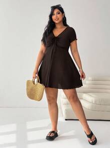 Solflare Plus Size Black Textured Knit Dress, Spring/Fall,Fall Clothes For Women Ruched A-Line Curvy Casual Clothing Curve - Chocolate Brown - View 3