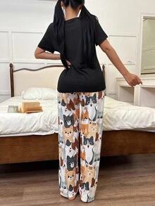 SHEIN Conjunto de pijama de mujer con estampado de gato, de manga corta y pantalón - Multicolor - Ver 2