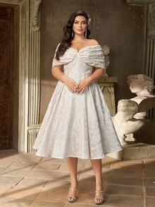 Aureia Plus Size Autumn And Winter Elegant Gorgeous White Luxury Off-Shoulder Gathered Chest Shape A-Line Hem Medium Long Suitable For Dinner Party Bachelorette Party Vacation Date Music Festival Dance Holiday Wedding Event Birthday Bridal Gift Dress - White - View 4
