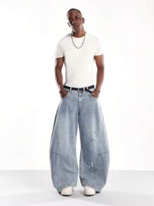 SUMWON 超大阔腿破洞牛仔裤 Y2K 时尚街头服饰复古 90 年代风格浅蓝色水洗休闲宽松裤