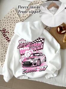 SHEIN Tween Girls' Casual Street Graphic Racing Print White Long Sleeve Zip-Up Sweatshirt With Pockets, Suitable For Autumn/Winter Fall - White - View 5