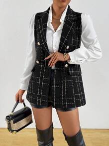 Chiquease Winter Coat Fall Clothes For Women Old Money Outfits Women Tweed Sleeveless Thin Jacket With Suit Collar Design For Women. Classic Plaid Texture. Vest Style For A Neat And Slim Look. - Black - View 3
