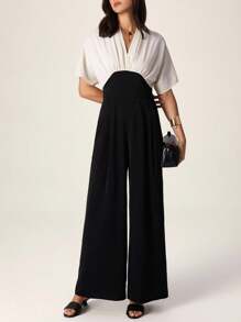 Modelyn Fashionable New Simple Color Block Women Batwing Sleeve Jumpsuit - Black - View 4