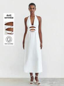 Maija Women's Solid Deep V-Neck Hollow Out Backless Dress - White - View 1