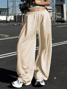 DAZY Women's Solid Color Loose Pleated Sweatpants, Casual Sports Pants, Thermal Lined, Thick For Autumn/Winter - Beige - View 1
