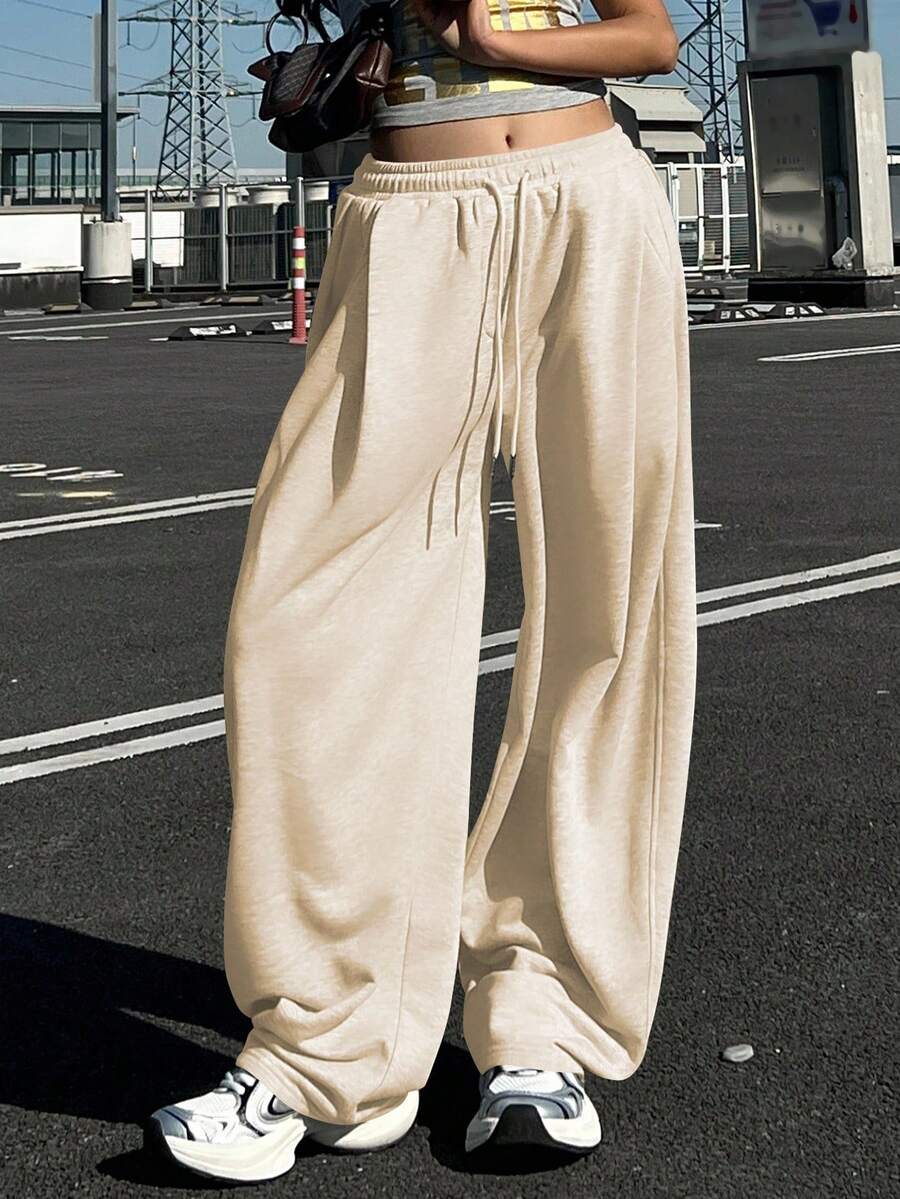DAZY Women's Solid Color Loose Pleated Sweatpants, Casual Sports Pants, Thermal Lined, Thick For Autumn/Winter - Beige - View 1