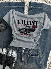 Attitoon 女士休闲腰部褶皱露肩修身短袖 T 恤，适合夏季，34% 棉，复古，复古汽车印花 - 淺灰色 - 查看 6