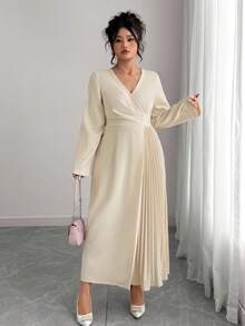 Elenzga 大码女式优雅交叉 V 领腰部褶皱下摆拼接褶皱松紧腰长袖长裙，适合办公室、通勤、法式浪漫下午茶派对
