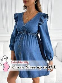 SHEIN Vestido Plus Size Outono Inverno Halloween Natal Maternidade Decote em V Abotoamento simples Babados Patchwork Manga Lanterna Casual Azul Vestido Feminino Jeans Maternidade com Mangas Babados e Botões Frontais para Conforto Casual Vestido Jeans Maternidade Elegante com Tecido Leve e Design Feminino de Manga Babados