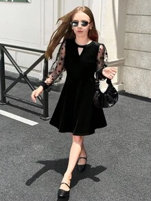SHEIN 青少年女孩休闲法式时尚天鹅绒拼接长袖星星网眼优雅修身连衣裙，适合日常穿着、毕业派对、万圣节、活动 - 黑色 - 查看 7
