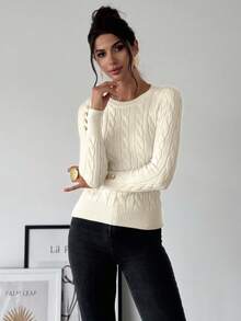 SHEIN PETITE CURVE Femmes grande taille, pull simple et élégant, style décontracté scolaire, polyvalent, col rond, tricot torsadé ajusté, manches longues, automne et hiver, élégant, manches longues, pull col rond. Petits pulls pour femmes, pulls pour femmes, pull-over pour femmes, pull en tricot torsadé, pull à boutons aux poignets - Nude - Voir 4
