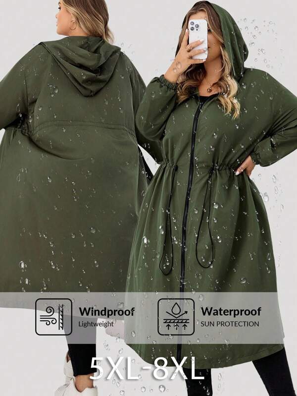 SHEIN CURVE+ Women's Solid Drawstring Hooded Waterproof Long Sleeve Trench Coat Plus Size Hooded Jacket Plus Size Raincoat Curve Fall Jacket 8xl Women Clothes Plus Size Olive Green Jacketfall Clothes For Women,Winter,CURVE PLUS