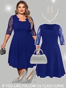 SHEIN Clasi Plus Size Solid Color Mid-Sleeve Lace Patchwork Keyhole Neck Ruffle Hem Elegant Dress - Royal Blue - View 1