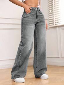 SHEIN PETITE 休闲水洗宽松直筒牛仔裤