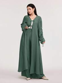 Veilorie Women 2pcs/Set Simple Solid Color Drawstring Long Sleeve Top And Elastic Waist Pants - Blue - View 5