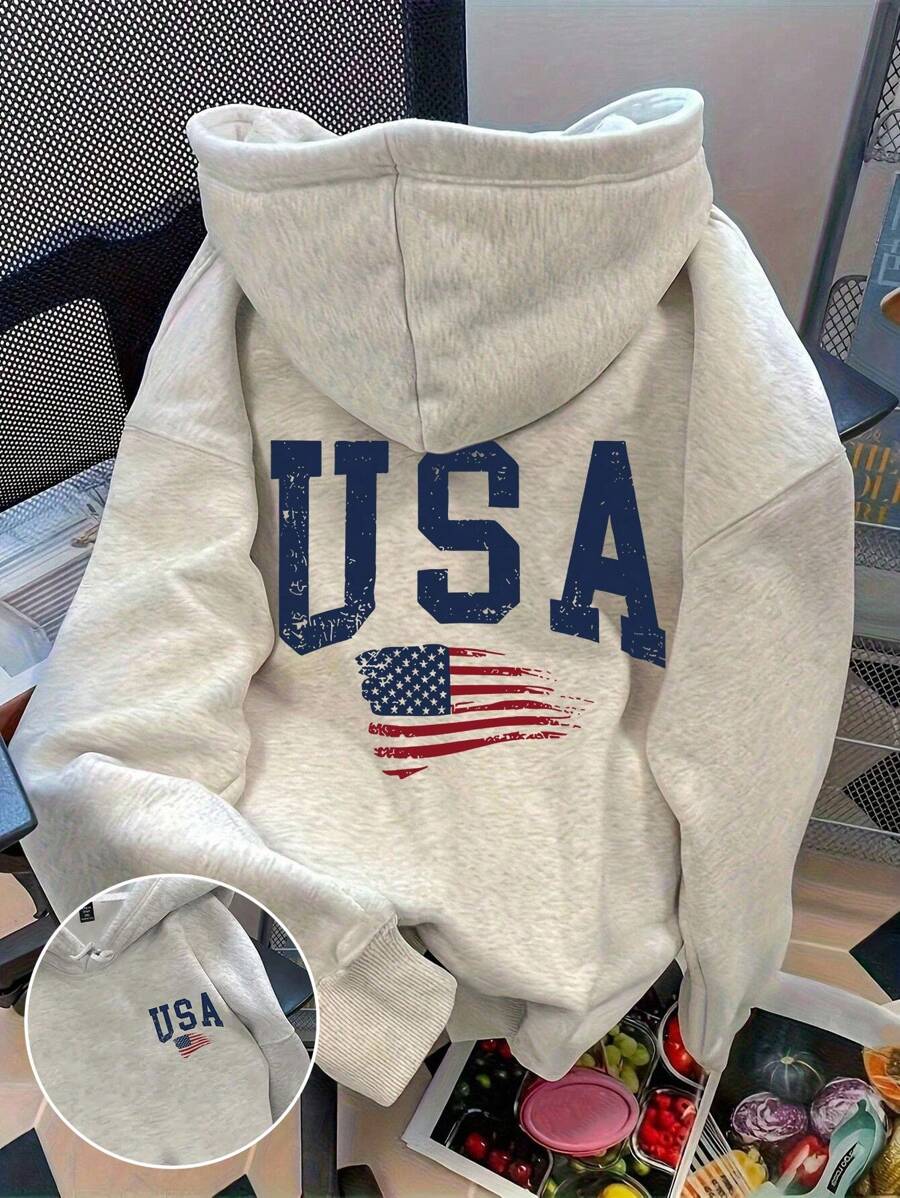 EMERY ROSE Plus Size Women Letter Printed Casual Drop Shoulder Hoodie Sweatshirt Pullover Fall Winter Autumn