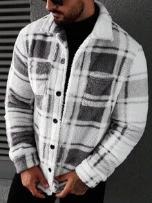 Manfinity CasualCool Men's Plaid Long Sleeve Single-Breasted Pocket Casual Fleece Jacket Fuzzy Jacket , Fall/Winter - Multicolor - View 5