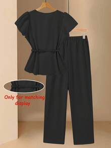GlowEve Elegant Commuter Solid Color Cap Sleeve Top And Pants Set - Black - View 2