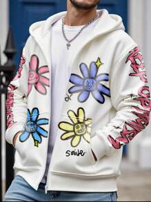 Manfinity Homme 大码男士花卉印花拉链连帽衫休闲运动衫，花卉拉链连帽衫，图形拉链衫，男士花卉连帽衫，秋冬 - 白色 - 查看 1