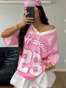 Coolane Women's Spring/Summer Festival Going Out Streetwear Vintage Breathable Mesh Number Pattern Graphics Baseball Jersey Red Jersey - Pink - View 1