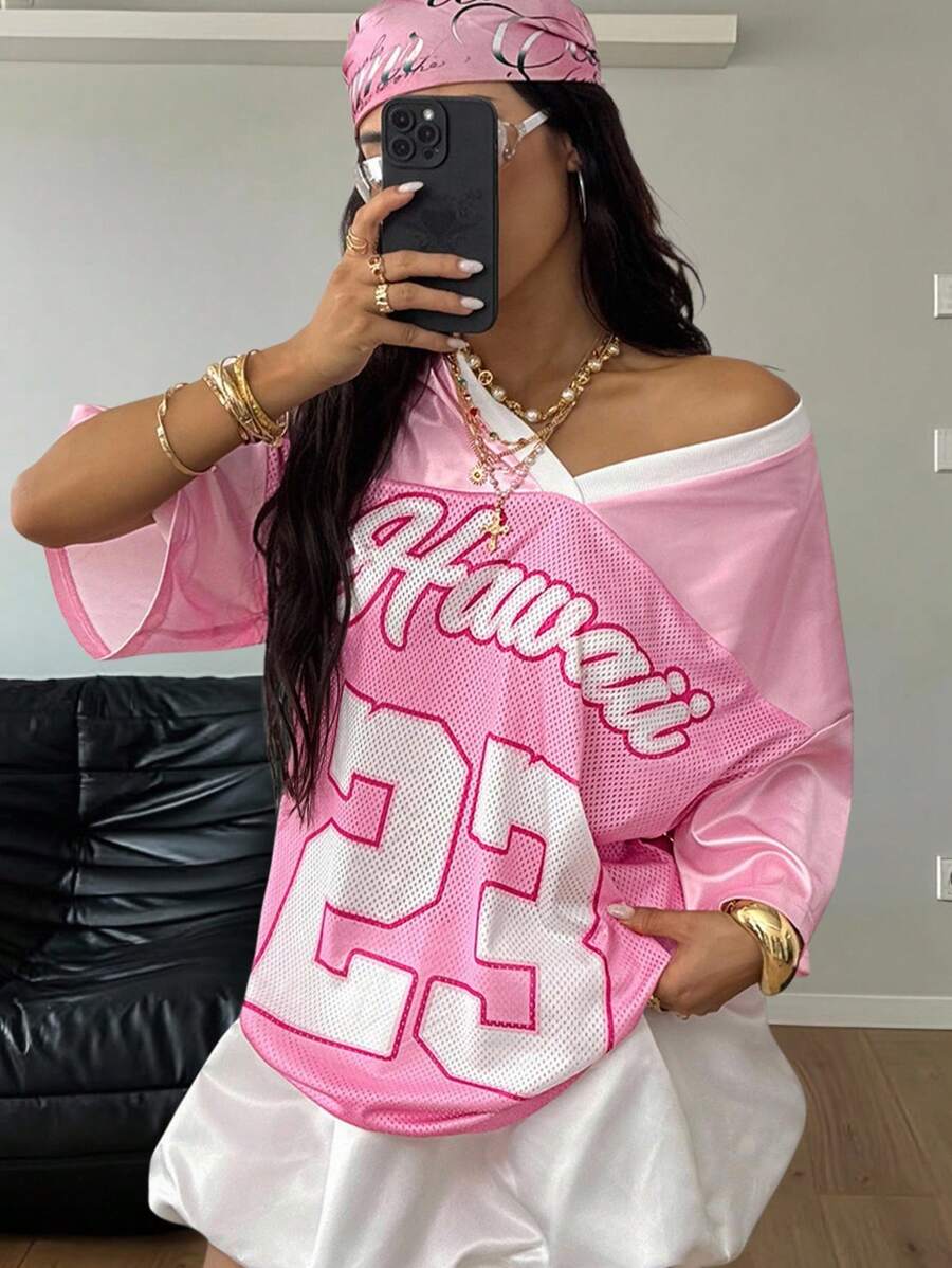 Coolane Women's Spring/Summer Festival Going Out Streetwear Vintage Breathable Mesh Number Pattern Graphics Baseball Jersey Red Jersey - Pink - View 1