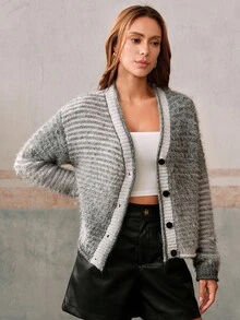 Anewsta Cardigan tricotat cu degradeuri de culori contrastante la modă toamnă/iarnă