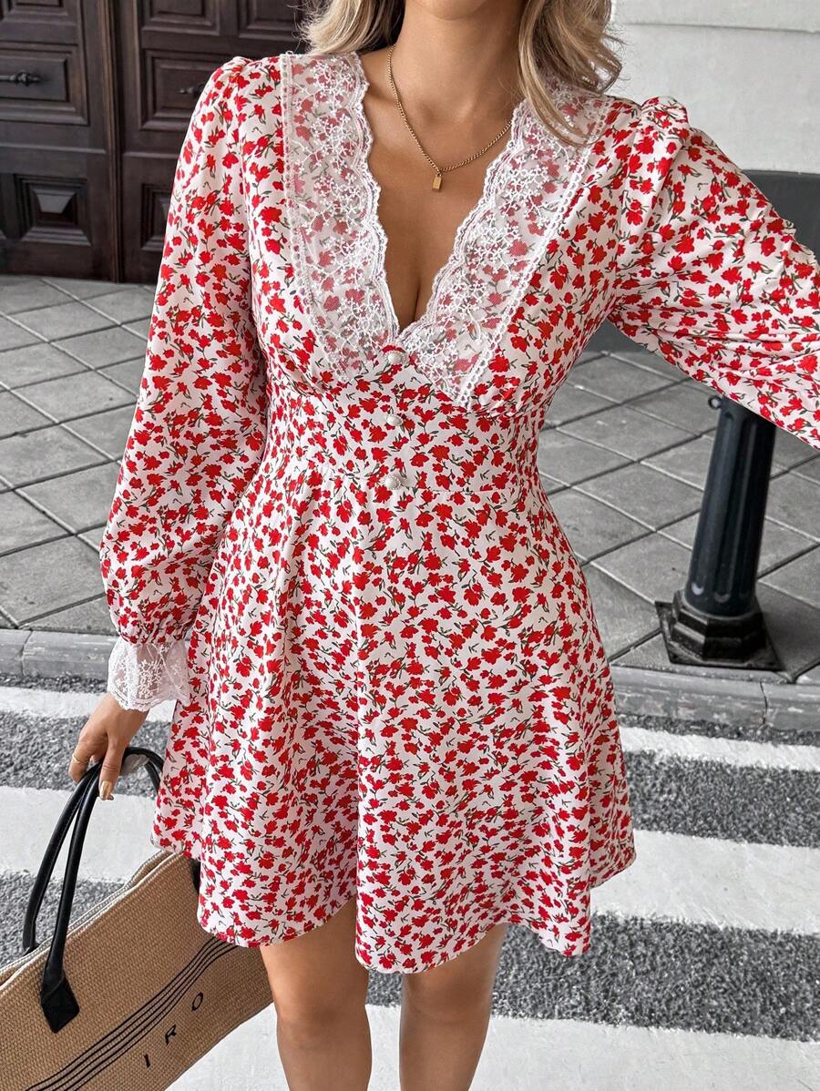 Pariaura French Romantic Vintage Daily Floral Patchwork V-Neck Red Ditsy Floral Long Sleeve Mid-Length Dress All White Autumn Dress Pop Of Red Clothes For University Fall Cloth For Women - Red - View 1
