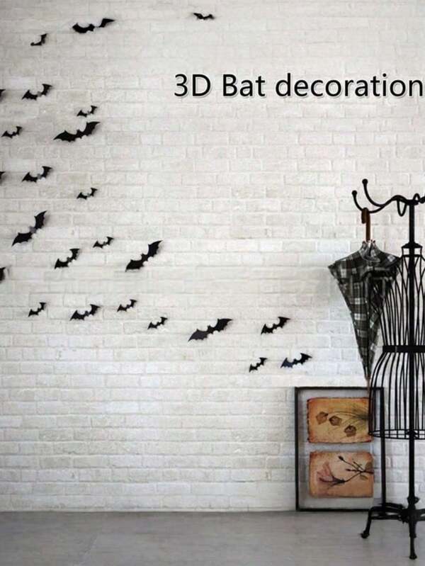 1 Set/3 Set 5 Set Sets Halloween Wall Bat Decor, Black Fake Plastic Bat Stickers For Halloween Room Decor,Different Sizes 3D Realistic Bat For Home Window Halloween Party Decoration