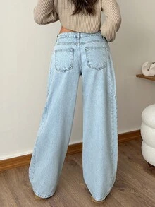 EURMUSE Low Waist Side Detailed Wideleg Jean - Light Wash - View 2