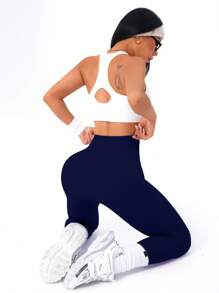 Easithlete Quần legging thể thao/yoga cạp cao liền mạch cho nữ màu trơn - Màu xanh hải quân - Xem 5