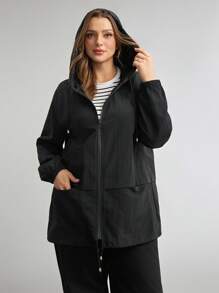 Comfylo 大码休闲户外纯色连帽风衣 - 黑色 - 查看 4