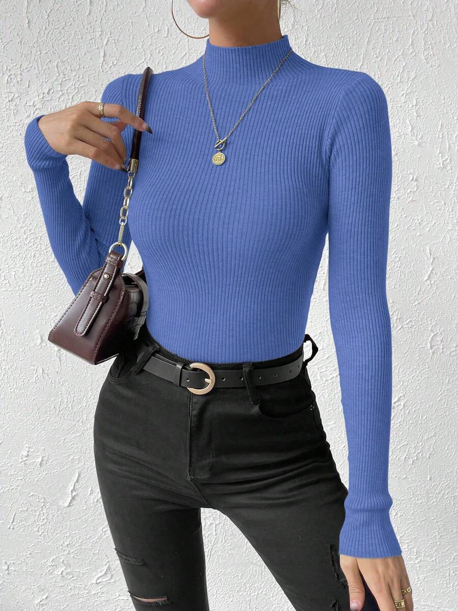 RosyDaze Suéter casual de cor sólida com gola alta e ajuste fino, outono/inverno