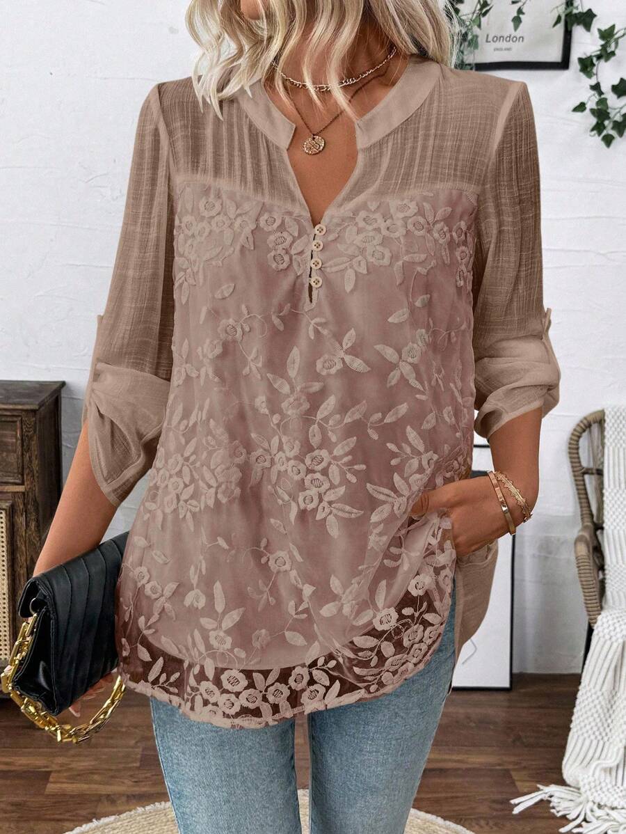 EMERY ROSE Embroidered Chiffon Casual Loose Long Sleeve Shirt Fall Cloth For Women - Dusty Pink - View 1