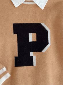 Young Boy PrepCrw Letter Print Crew Neck Long Sleeve Sweater Boys Brown Sweater Preppy For Fall Autumn Winter, Casual Varsity Sweaters - Multicolor - View 6