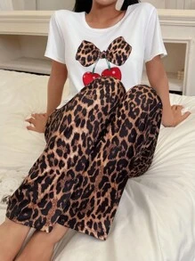 Women's Casual Leopard Print & Cherry Graphic Short Sleeve Pajama Set Women Pajama Set Leopard Pajama Set Leopard Pajamas Women Animal Print Pajama Set Cherry Print Pajamas - Multicolor - View 5