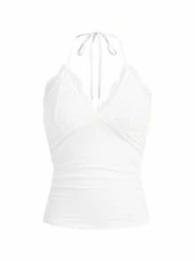 SHEIN x PRISCILA & JIMENA ROMWE PUNK Contrast Lace Halter Top - White - View 3