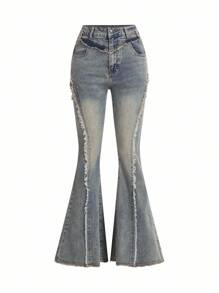 SHEIN x PRISCILA & JIMENA ROMWE Grunge Punk Y2k Style 街头风格紧身牛仔喇叭裤，带星星补丁和磨损下摆，学校 - 藍色 - 查看 2