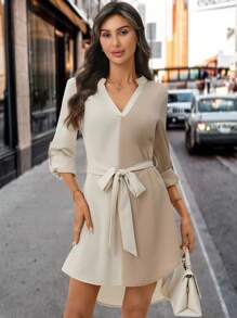 SHEIN Clasi Váy cổ khoét khoét màu tương phản chắp vá mùa thu dành cho nữ, Váy mùa hè dành cho nữ, Xuân/Thu - Nhiều màu - Xem 5