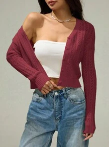 SHEIN PETITE Cárdigan de manga larga de unicolor y simple para mujer, suéter lindo, suéter corto, suéter de punto, ropa de otoño e invierno, vestidos amarillos para mujer, blusas de manga larga
