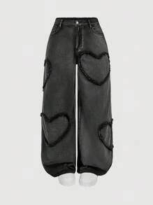 SHEIN MOD Plus Size Pink Heart Print Casual Straight Leg Cotton Jeans - Black - View 1