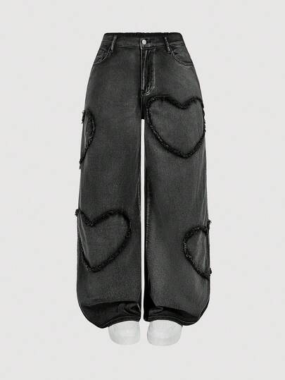 SHEIN MOD Plus Size Pink Heart Print Casual Straight Leg Cotton Jeans