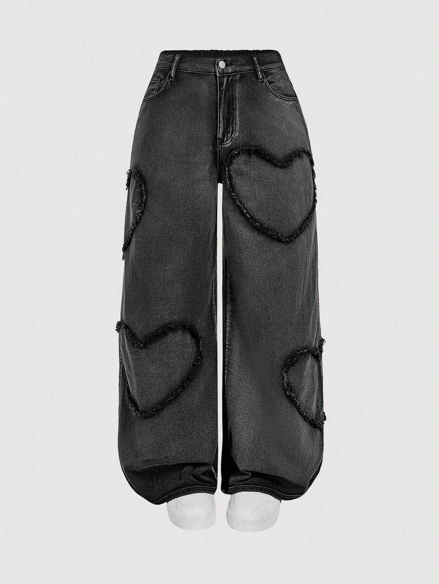 SHEIN MOD Plus Size Pink Heart Print Casual Straight Leg Cotton Jeans - Black - View 1