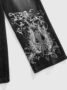 ROMWE MEN Goth 男士宽松街头花卉十字印花阔腿牛仔裤，垃圾摇滚