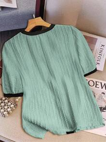 EMERY ROSE Áo sơ mi nữ cổ chữ V tay ngắn viền đen, vải dệt kim, kiểu dáng ôm vừa vặn thời trang, thanh lịch, mặc hàng ngày - Màu xanh bạc hà - Xem 2