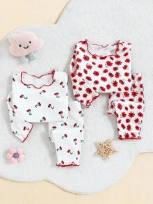 Conjunto de 4 piezas de pijama para niña bebé con cuello redondo, manga larga y volantes con estampado floral - Multicolor - Ver 1