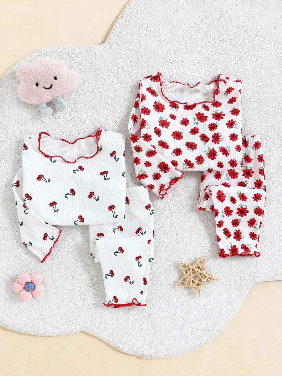 Conjunto de 4 piezas de pijama para niña bebé con cuello redondo, manga larga y volantes con estampado floral - Multicolor - Ver 1