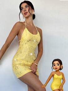 Firerie 女士性感露背挂脖亮片紧身迷你连衣裙，金属装饰，适合派对、音乐节、约会、度假，梅紫色 - 黃色 - 查看 10